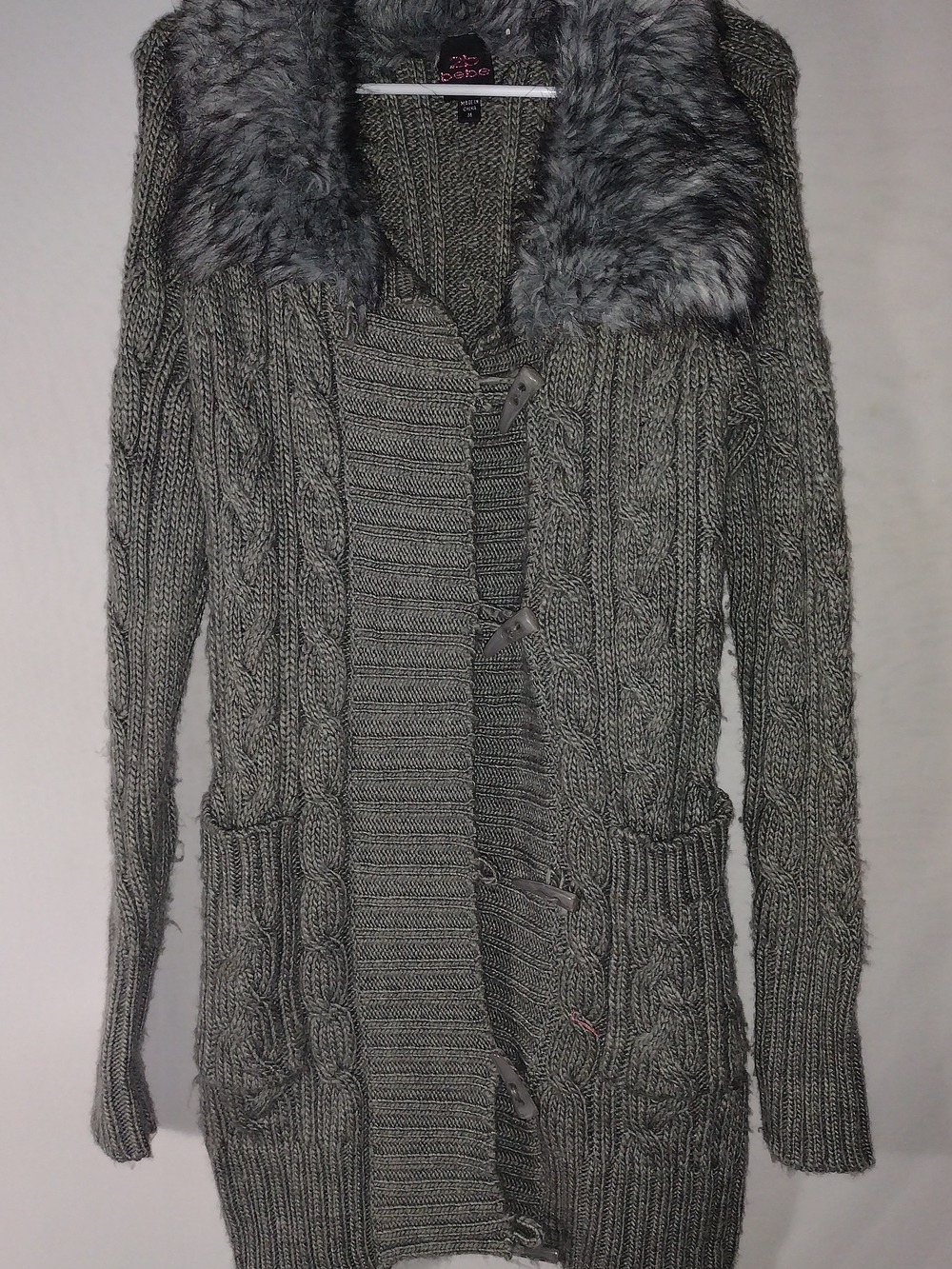 Y2K Gray Cable Knit Faux Fur Collar Toggle Cardigan Sweater Whimsigoth